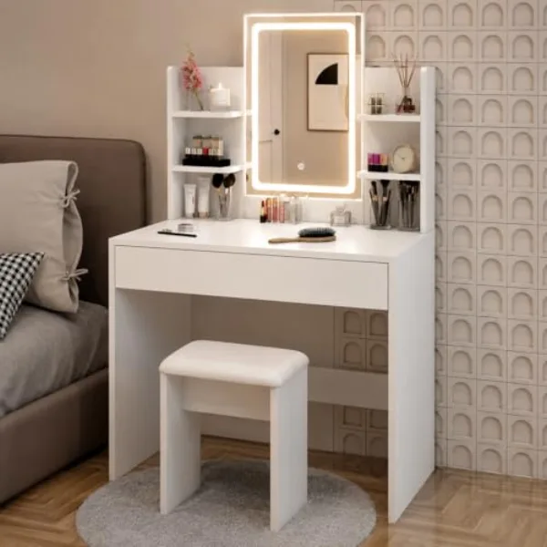 Coiffeuse Miroir LED 3 couleurs + Tabouret